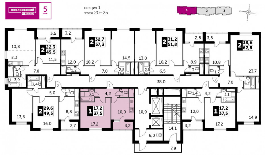 Однокомнатная квартира 37.5 м²