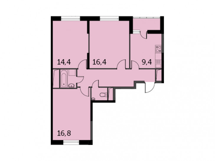 Трёхкомнатная квартира 73.6 м²