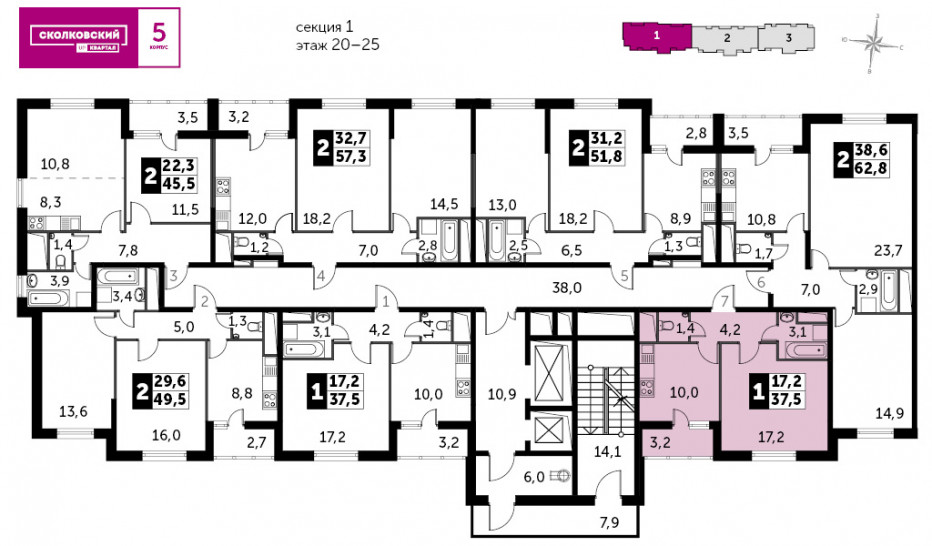 Однокомнатная квартира 37.5 м²