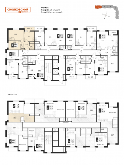 Двухкомнатная квартира 64.6 м²