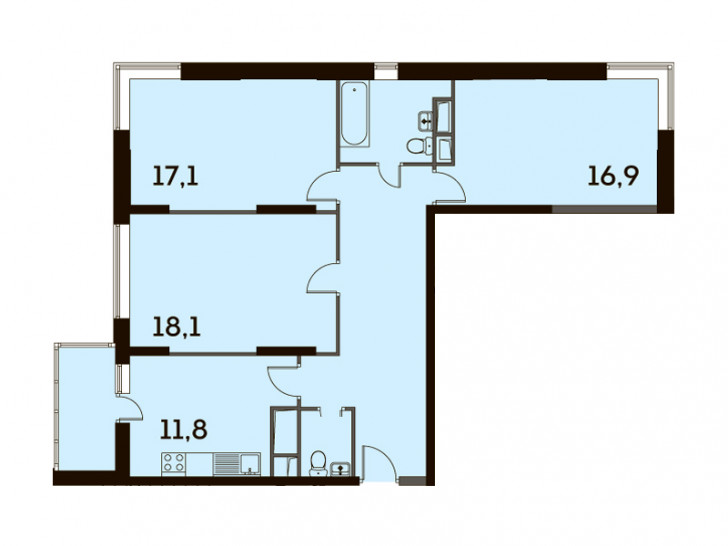 Трёхкомнатная квартира 92.1 м²