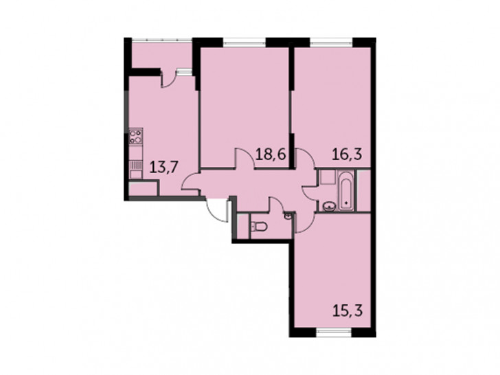 Трёхкомнатная квартира 77.2 м²