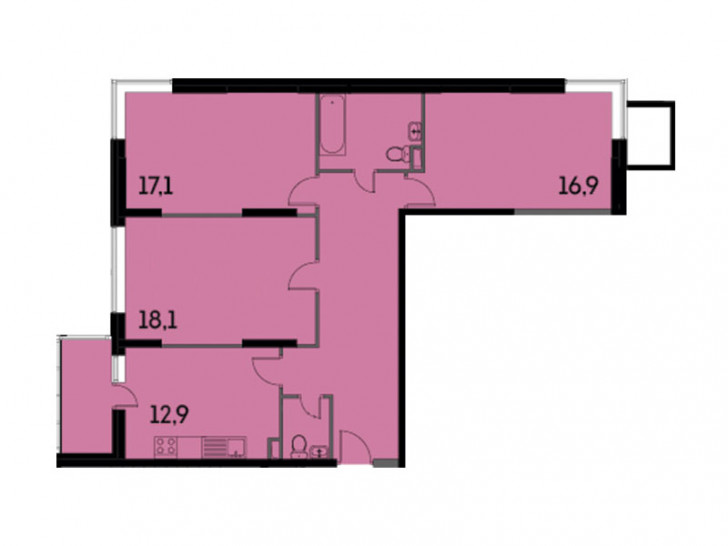 Трёхкомнатная квартира 91.7 м²