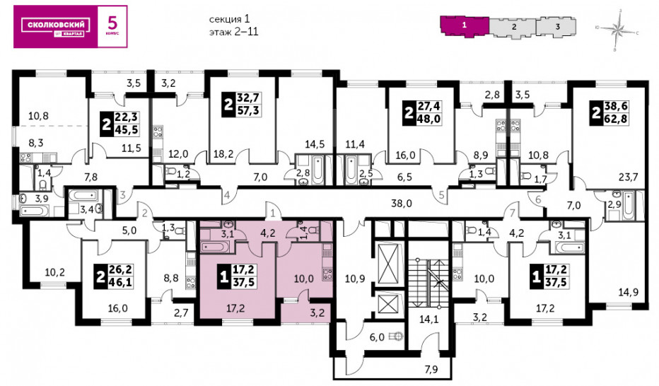 Однокомнатная квартира 37.5 м²