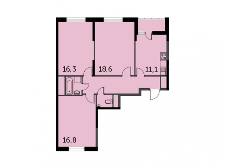 Трёхкомнатная квартира 79.4 м²